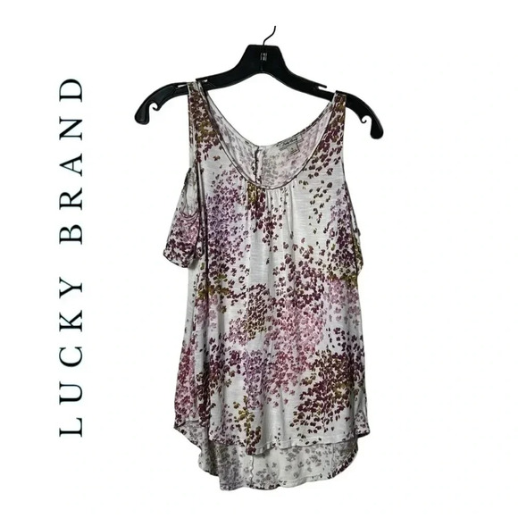 1905. LUCKY BRAND COLD SHOULDER TOP BEADING AROUND NECK‎ SIZE SMALL FLORAL WHITE - Picture 1 of 9